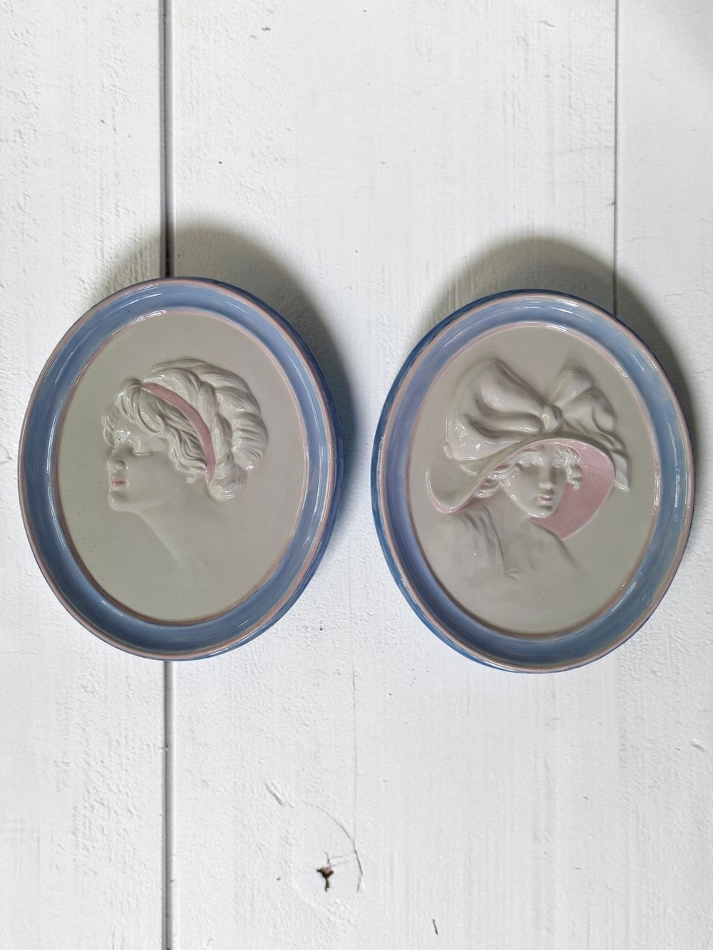 Vintage Pair of Victorian Lady Relief Wall Plaques Pastel Blue Pink Ceramic Wall